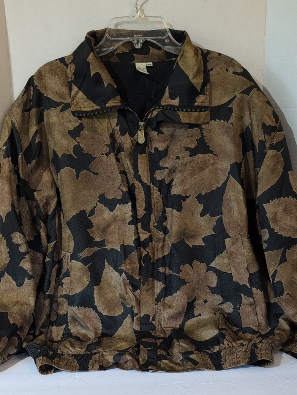Vintage Cocoa 100% Silk Women's Black & Brown Botanical Zip Jacket, Med